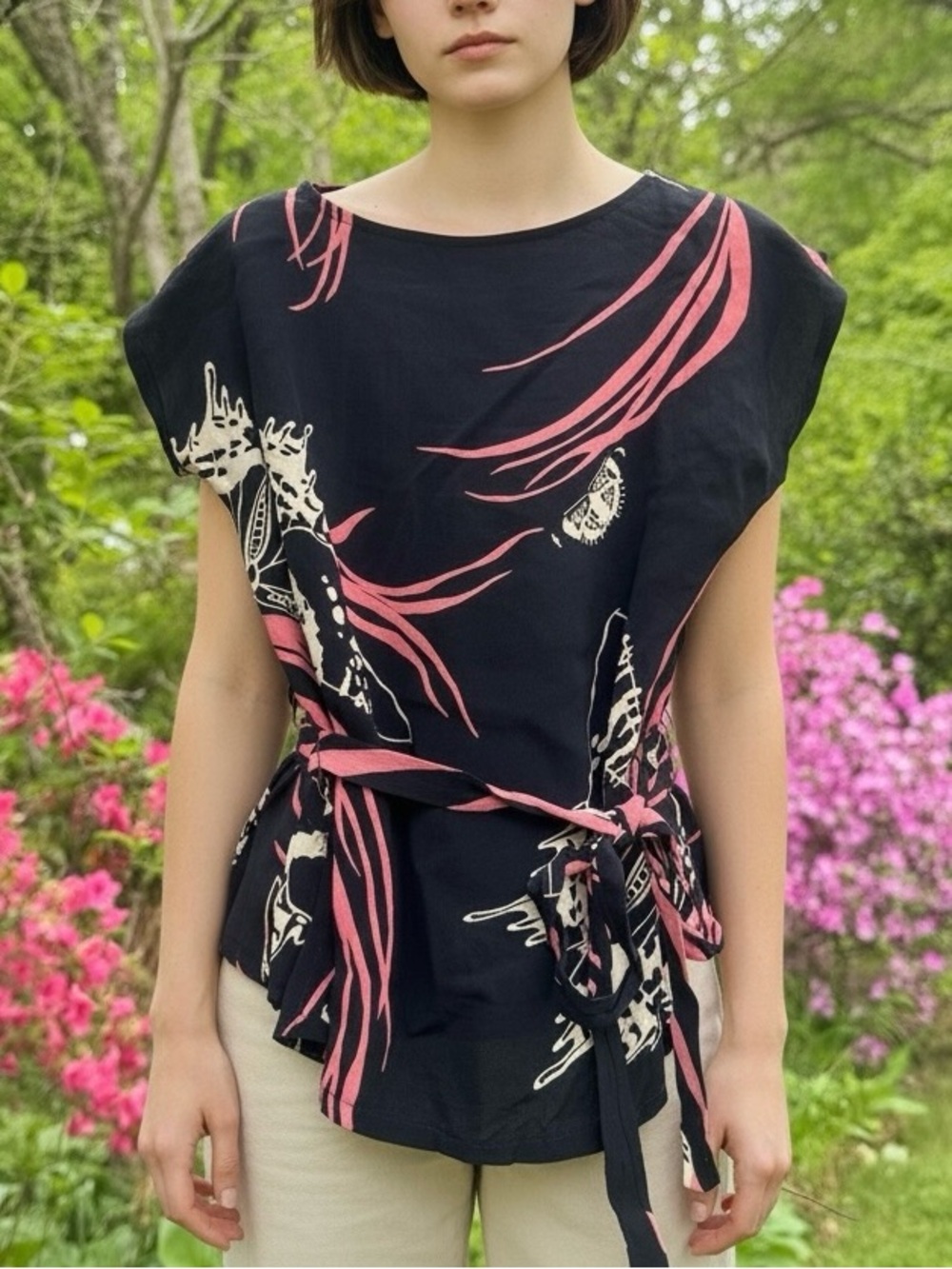 Vintage JEFFREY JEFFREY California Navy Blue Butterfly Print Rayon Blouse Top S